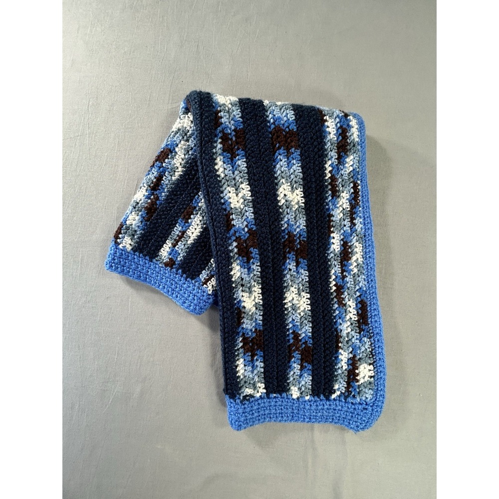 Hand Made Crochet Knitted Striped Blue Baby Blanket
